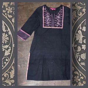 Semi-sheer black kurta tunic top w purple & pink embroidery at cuffs & bodice (M
